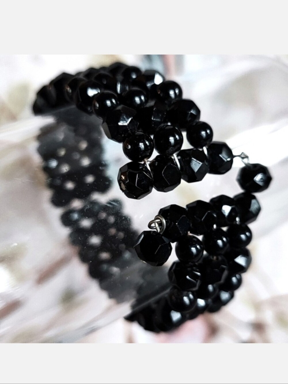 Jet Black Glass 3 Rows Triple Strand Memory Wire Smaller Vintage Ebony  Bracelet